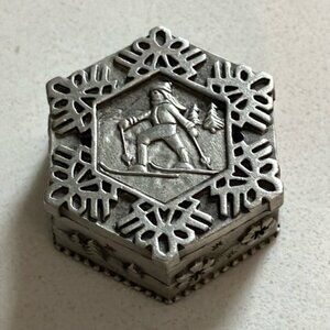 Hexagonal Silver-tone pewter Trinket Box brooch collectible 20
